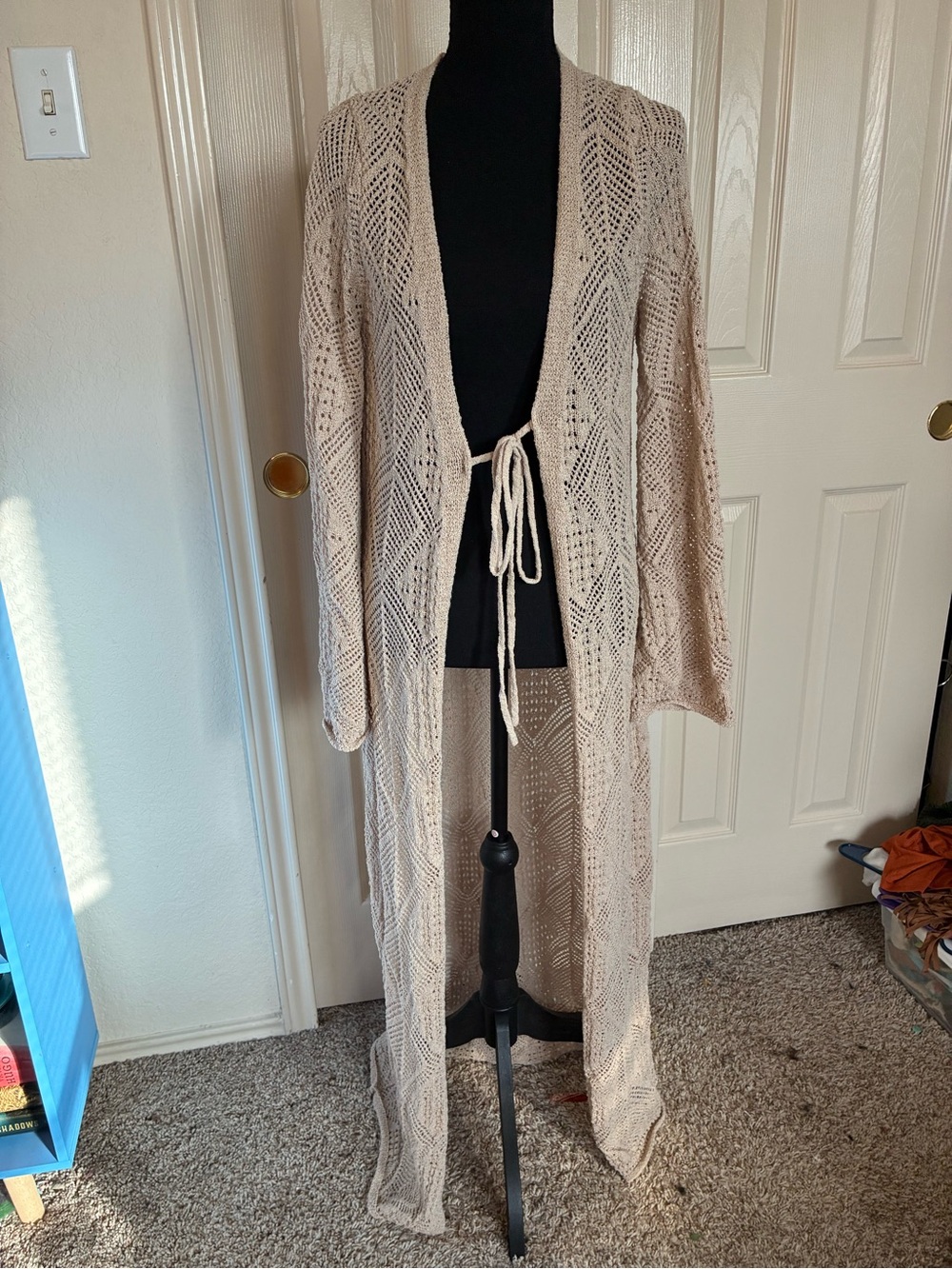 Promesa Beige Open-Knit Long Tie-Front Cardigan